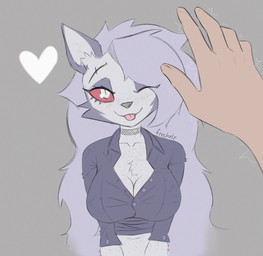 ambiguous_gender anthro big_breasts blep breasts choker cleavage clothed clothing collared_shirt dress_shirt eyelashes female fluffy fluffy_chest freckled_breasts freckled_chest freckled_face freckles fur grey_hair hair heart_symbol humanoid_hands inner_ear_fluff jewelry long_hair midriff necklace one_eye_closed red_sclera shirt solo tongue tongue_out topwear tuft white_body white_eyes white_fur freckelz hellaverse helluva_boss mythology loona_(helluva_boss) canid canid_demon canine demon hellhound human mammal mythological_canine mythological_creature 2025 half-length_portrait hi_res portrait sketch