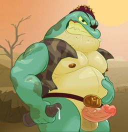 anthro balls belly bottle container detailed_background erection genitals green_body male moobs musclegut muscular nipples outside overweight overweight_male penis scar solo haxsmack amphibia_(series) disney judro_hasselback amphibian frog 2023 hi_res