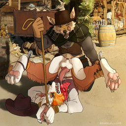 4_toes anal anal_penetration animal_genitalia animal_penis anthro arms_above_head balls barefoot bdsm bodily_fluids bondage bound canine_genitalia canine_penis captured chaps clothed clothing cowboy cowboy_hat cum cum_in_ass cum_inside digitigrade dominant dominant_male duo feet fully_clothed genital_fluids genitals hat headgear headwear kerchief kneeling knot legs_up lying male male/male male_penetrated male_penetrating male_penetrating_male on_back one_eye_closed outside outside_sex pawpads paws penetration penis precum public public_exposure public_sex restrained restraints rope sex soles submissive submissive_male toes tongue tongue_out ramaelligre kanon_(applejacksville) australian_shepherd canid canine canis coyote domestic_dog herding_dog mammal pastoral_dog rodent sheepdog 1:1 hi_res