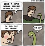 ambiguous_gender blush dialogue duo facial_hair feral flirting grey_background humor male mustache open_mouth plant pun shrub simple_background snake_charming text tongue visual_pun safely_endangered human mammal reptile scalie snake 2014 comic english_text