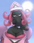 2016 areola big_areola big_breasts big_nipples black_body black_skin bodily_fluids breast_play breast_suck breasts elfdrago eyes_closed female generation_7_pokemon genitals hair hi_res humanoid lactating legendary_pokemon milk navel nintendo nipples pink_hair pokemon pokemon_(species) pokemorph pussy self_suckle simple_background solo sucking sun tapu_lele wide_hips