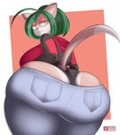 anthro big_breasts big_butt black_clothing bottomwear breasts butt clothing eyebrows eyelashes fangs female green_hair hair huge_butt looking_back pants red_clothing solo tail teeth topwear ai_od fate_(trinity-fate62) domestic_cat felid feline felis mammal 2025 absurd_res hi_res