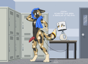 4_toes 5_fingers animal_genitalia animal_penis anthro balls bedroom_eyes black_balls black_body black_eyebrows black_fur black_hair blue_eyes blue_towel brown_body brown_fur canine_genitalia canine_penis casual_erection chest_markings countershade_torso countershading detailed_background dialogue digitigrade dipstick_tail drying duo ears_down erection eye_contact eyebrows eyelashes facial_markings feet female fingers fur furniture genitals gloves_(marking) grey_floor grey_wall hair hand_on_head head_markings inside knot knotted_penis lamp leg_markings locker locker_room logo looking_at_another male markings muzzle_(marking) narrowed_eyes no_pupils nude open_mouth penis pivoted_ears raised_eyebrow red_body red_fur red_penis reverse_countershading seductive shadow short_hair socks_(marking) spots spotted_markings standing table tail tail_markings tan_body tan_fur text toes towel yellow_body yellow_eyes yellow_fur jayheartwing sidestride_(sidestride) african_wild_dog animate_inanimate canid canine mammal 2024 artist_logo english_text hi_res signature