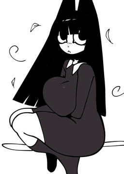 :< anthro big_breasts black_ears black_hair breasts clothed clothed_anthro clothed_female clothing female hair huge_breasts leaf long_hair mouth_closed simple_background sitting solo white_background white_body white_sclera wind xarop77 witchcat_(xarop77) domestic_cat felid feline felis mammal 2025 digital_media_(artwork) hi_res monochrome portrait
