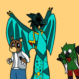 3_fingers anthro articulation beak black_liquid black_spots blue_body blue_bottomwear blue_clothing blue_pants blue_wings bodily_fluids bottomwear breaking_the_fourth_wall breasts brown_body brown_fur burned burned_skin burnt_face cameo chest_tuft claws clothing corpse cybernetics emotionless exposed_wires feathered_wings feathers female fingers freckled_shoulders freckles fur gradient_feathers green_body green_feathers green_spots grey_clothing grey_sweater grey_topwear group hole_in_head horror_(theme) larger_male looking_at_viewer machine male mouthless multicolored_body no_arm no_eyebrows pants possession red_body red_feathered_crest red_feathers simple_background size_difference small_eyes smaller_female spots stained_claws standing sweater tears topwear torn_arm trio tuft user_avatar visible_articulations white_body white_feathers wings worried_look yellow_spots linziwoodward omni-vee kanye_west mythology real_world dropout_bear eira_(eiraryyu) animal_humanoid avian bear bird corvid cyborg dragon humanoid javan_green_magpie magpie_(corvid) mammal mythological_creature mythological_scalie oscine passerine scalie scalie_humanoid 1:1 comic concept_art hi_res