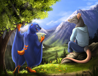blue_body blue_eyes blue_fur blue_sky duo eye_contact fur looking_at_another male map membrane_(anatomy) mountain nude open_mouth orange_body orange_fur outside patagium plant sitting sky smile tree conditional_dnp tani_da_real dason loiosh american_opossum australian_possum hybrid mammal marsupial murid murine mustelid otter petaurid rat rodent skyliner sugar_glider