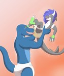 anthro blue_hair bodily_fluids carrying_another carrying_partner clean_diaper clothed clothing diaper duo genital_fluids hair licking licking_crotch licking_diaper male male/male standing tongue touching_diaper unclean_diaper urine used_diaper wearing_diaper wet_diaper wetting steelshark cetacean dinosaur dolphin mammal marine oceanic_dolphin orca prehistoric_species reptile scalie theropod toothed_whale tyrannosaurid tyrannosauroid tyrannosaurus tyrannosaurus_rex absurd_res hi_res