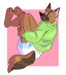 ageplay anthro bent_legs brown_body brown_fur clean_diaper clothed clothing diaper fur green_clothing green_hoodie green_topwear holding_both_legs hoodie looking_back male pink_background rear_view roleplay simple_background solo topwear wearing_diaper white_background slusheep ben_(ethan86) canid canine canis domestic_dog german_shepherd herding_dog mammal pastoral_dog hi_res