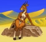 anthro biped boulder breasts curvy_figure desert dunes ear_piercing female half-closed_eyes hooves horn jewelry long_neck narrowed_eyes nude outside piercing pose red_eyes rock sand sitting sky smile solo unguligrade voluptuous siyah antelope bovid mammal 2014