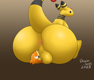 anthro anus backsack balls big_balls big_butt black_eyes butt duo genitals looking_back male orange_body simple_background sitting sitting_on_another size_difference size_play tail tea_bagging wide_hips yellow_body drain_scat mythology nintendo pokemon ampharos buizel dragon generation_2_pokemon generation_4_pokemon mammal mythological_creature mythological_scalie pokemon_(species) scalie 2025 hi_res