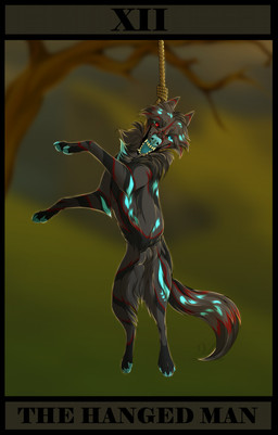 ambiguous_gender bared_teeth black_body black_fur blue_body blue_eyes blue_fur blue_markings blue_nose blue_pawpads card feral fur hanged heterochromia imminent_death major_arcana markings pawpads plant red_body red_eyes red_fur red_markings solo tarot tarot_card text the_hanged_man_(tarot) tree donovanlightning canid canine canis mammal wolf 2022 english_text hi_res