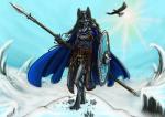 anthro armor blue_sky bracers cape chain chainmail clasp cloak clothing duo elis fantasy female footprint fur gem girdle grey_body grey_fur grey_hair hair headgear helmet icicle light long_hair looking_at_viewer medieval melee_weapon metal_shield polearm round_shield shield sky snow snowscape solo_focus spear sun sunlight valkyrie viking warrior weapon winter danogambler avian bird canid canine canis corvid corvus_(genus) mammal oscine passerine raven wolf