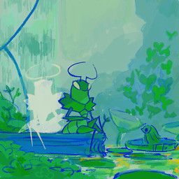 ambiguous_gender antennae_(anatomy) anthro arthropod_abdomen biped claws detailed_background duo empty_eyes green_body sitting spoiler water blipbugbug hollow_knight:_silksong hollow_knight_(franchise) team_cherry clover_dancer green_prince_(hollow_knight:_silksong) arthropod 1:1 male_(lore)