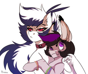 bent_leg black_eyebrows black_mane blue_anklet blue_mane brown_collar closed_smile collar duo ear_tuft eyebrow_through_mane eyebrows eyelashes feathered_wings feathers female female_feral feral fluffy_ears fur green_anklet grey_body grey_fur grey_hooves hooves larger_female larger_feral lidded_eyes logo long_mane mane mouth_closed multicolored_mane orange_anklet pink_anklet purple_eyes purple_mane red_eyes serious_face short_mane simple_background size_difference smaller_female smaller_feral smile text tuft two_tone_mane unguligrade white_background white_body white_fur white_wings wings rayrage hasbro my_little_pony mythology fan_character rachel_rage earth_pony equid equine horse mammal mythological_creature mythological_equine pegasus pony 2020 artist_logo artist_name cel_shading character_request colored digital_drawing_(artwork) digital_media_(artwork) english_description shaded