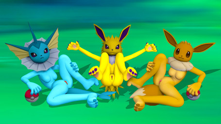 anthro claws clitoris female genitals group looking_at_viewer looking_back pawpads paws pokeball pokemorph spread_arms spread_legs spreading trio vulva sambro80 nintendo pokemon eevee eeveelution generation_1_pokemon jolteon pokemon_(species) vaporeon 16:9 3d_(artwork) digital_media_(artwork) hi_res widescreen
