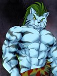 abs anthro biceps big_muscles black_nose blue_body blue_fur fangs fur green_hair hair male muscular muscular_anthro muscular_male pecs sabertooth_(anatomy) solo striped_body striped_fur stripes teeth tusks yellow_sclera chibikoma yu_yu_hakusho byakko_(yu_yu_hakusho) demon felid mammal pantherine tiger 2021 3:4 absurd_res digital_drawing_(artwork) digital_media_(artwork) hi_res