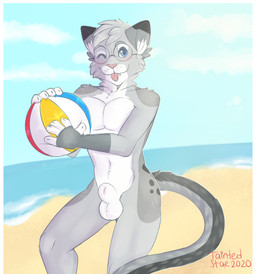 animal_genitalia anthro ball balls beach beach_ball biped blue_eyes blush cloud eyewear eyewear_only fully_sheathed fur genitals glasses glasses_only grey_body grey_fur grey_hair hair holding_beach_ball inflatable male nude nude_beach one_eye_closed outdoor_nudity outside pink_nose pink_tongue retractable_claws sea seaside sheath smile solo spots text tongue tongue_out water wave wearing_glasses wink taintedstar nixuelle domestic_cat egyptian_mau felid feline felis mammal 2020 artist_name dated digital_media_(artwork) hi_res shaded