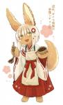 :d accessory anthro apron asian_clothing barefoot bottomwear brown_body brown_fur clothed clothing east_asian_clothing feet female flower flower_in_hair fully_clothed fur green_eyes hair hair_accessory hakama haori japanese_clothing kitchen_utensils ladle long_ears plant red_bottomwear red_clothing red_hakama smile solo standing text tools white_hair young kawasemi27 made_in_abyss sewayaki_kitsune_no_senko-san nanachi senko-san lagomorph mammal narehate hi_res japanese_text unavailable_at_source