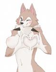anthro anthrofied black_nose blue_eyes blush breasts canid canine female fur generation_7_pokemon gesture hand_heart heart_symbol hi_res looking_at_viewer lycanroc mammal midday_lycanroc multicolored_body multicolored_fur nintendo nude one_eye_closed oppai_heart pokemon pokemon_(species) pokemorph simple_background smile solo white_background white_body white_fur wink xan_(pixiv)