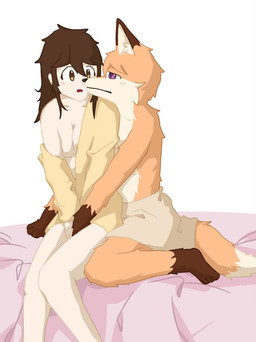 4_fingers anthro bed clothing duo embarrassed female female/female fingers fox_tail fur furniture open_mouth orange_body orange_fur purple_eyes topwear yellow_clothing yellow_topwear lokaner canid canine fox human mammal hi_res