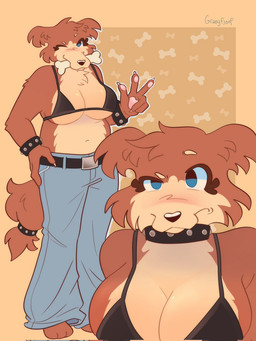 anthro bell-bottoms belt big_breasts bikini bikini_top blush body_blush bone bottomwear bracelet breast_blush breasts clothing collar denim denim_bottomwear denim_clothing eyebrows female jeans jewelry midriff navel overweight overweight_anthro overweight_female pants raised_eyebrow solo spiked_collar spikes swimwear two-piece_swimsuit underwear graeyfloof beastars juno_(beastars) canid canine canis mammal wolf
