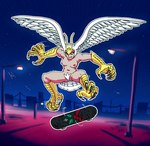 antennae_(anatomy) areola blue_eyes breasts crotch_tuft fangs feathers feet female head_wings kickflip navel nether_region_fluff nude skateboard skateboarding snaggle_tooth solo tail tail_feathers talon_hands talons teeth toes tuft unusual_wing_placement vehicle wings axafiza devilman_(series) sirène_(devilman) avian bird bird_demon demon humanoid hi_res