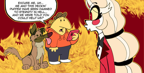 big_nose biped black_bottomwear black_clothing black_nose black_pants blep blonde_hair bottomwear bow_tie brown_body brown_fur cellphone clothing dialogue dog_tail dot_eyes electronics eyebrows eyeliner female feral fire fire_background footwear fur group hair hell holding_cellphone holding_object holding_phone holding_smartphone humor long_pants makeup male open_mouth pants parody phone pursed_lips quadruped red_background red_cheeks red_clothing red_eyes red_suit red_sweater red_topwear same_name scrunchie shoes simple_background simple_eyes sitting slightly_chubby slightly_chubby_male smartphone speech_bubble standing suit sweater tail talking_to_another text tongue tongue_out topwear trio white_body white_clothing white_footwear white_shoes white_skin yellow_body yellow_sclera yellow_skin galactabee adult_swim all_dogs_go_to_heaven cartoon_network don_bluth hazbin_hotel hellaverse smiling_friends charlie_barkin charlie_dompler charlie_morningstar canid canine canis critter_(smiling_friends) demon demon_humanoid domestic_dog german_shepherd herding_dog humanoid mammal pastoral_dog 2024 crossover digital_drawing_(artwork) digital_media_(artwork) english_text hi_res