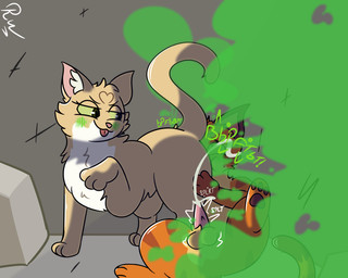 blush bodily_fluids butt_sniffing cum cumshot dominant dominant_female duo ejaculation fart fart_cloud fart_fetish fart_sniffing farting_on_another farting_on_face female feral feral_on_feral genital_fluids genitals green_fart_cloud male male/female musk nervous onomatopoeia penile_spines penis romantic romantic_couple scent_play smelly sniffing sound_effects submissive submissive_male sweat text rancidwyrm warriors_(book_series) firestar_(warriors) sandstorm_(warriors) domestic_cat felid feline felis mammal 5:4 hi_res