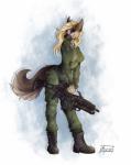 anthro blonde_hair breasts clothed clothing female fully_clothed g36 glowing glowing_eyes gun hair heterochromia looking_at_viewer muscular muscular_anthro muscular_female piercing ranged_weapon rifle simple_background smile solo standing uniform weapon kizrae natasha_klopov canid canine canis domestic_dog german_shepherd herding_dog mammal pastoral_dog hi_res