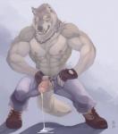 abs amber_eyes anthro balls biceps biped bodily_fluids boots bottomwear chain clothed clothing cum ear_piercing erection fingerless_gloves footwear foreskin genital_fluids genitals gloves handwear humanoid_genitalia humanoid_penis male masturbation muscular muscular_anthro muscular_male nipples open_bottomwear open_clothing open_pants pants partially_retracted_foreskin pecs penile penile_masturbation penis piercing shoes solo topless rrowdybeast canid canine canis mammal wolf 2016 absurd_res hi_res