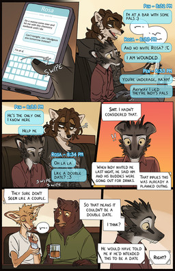 alcohol anthro beer beer_mug beverage biped black_nose booth_seating brown_body brown_eyes brown_fur canine_teeth cellphone cheek_tuft clothed clothed_anthro clothing container cup electronics facial_tuft fur furniture glass glass_container glass_cup grey_body grey_fur group head_tuft holding_beer_mug holding_cellphone holding_object holding_phone holding_smartphone inner_monologue looking_at_cellphone looking_at_object looking_at_phone male message_box phone pointy_ears prick_ears sitting smartphone snout speech_bubble table tan_body tan_fur text text_box text_message texting texting_ui thinking tuft tusks yellow_sclera falco_works indy_(justroadkill) pen_(falco_works) canid canine canis cervine coyote deer mammal tufted_deer 2025 comic digital_media_(artwork) english_text hi_res