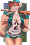 anthro baseball_bat bat_(object) biceps blue_eyes bottomwear breasts cleavage clothed clothing female gloves hair handwear hat headgear headwear jacket muscular muscular_anthro muscular_female red_hair shirt shorts solo tail topwear miles_df hicane_(character) canid canine canis mammal wolf 2015