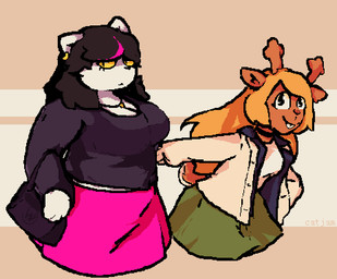 3_fingers anthro antlers big_breasts black_hair blonde_hair bottomwear breasts brown_body brown_fur buckteeth choker cleavage clothed clothing duo ear_piercing eyelashes female fingers fur hair horn jacket jewelry long_hair looking_at_viewer necklace open_clothing open_jacket open_topwear piercing pink_hair purse red_nose scut_tail shirt short_tail skirt small_breasts small_mouth smile t-shirt tail teeth text topwear translucent translucent_clothing white_body white_fur yellow_eyes catjamn deltarune undertale_(series) catti_cattenheimer noelle_holiday deer felid feline mammal 2022 aliasing artist_name digital_media_(artwork)