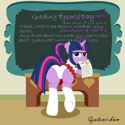 bedroom_eyes bent_over bottomwear chalkboard classroom clothed clothing desk female feral fur furniture hair half-closed_eyes hooves horn information_board inside legwear looking_at_viewer looking_back mouth_hold multicolored_hair narrowed_eyes panties paper ponytail purple_body purple_eyes purple_fur purple_hair raised_tail rear_view school school_uniform seductive skirt smile solo stockings suggestive table tail text two_tone_hair underhoof underwear uniform upskirt gutovi-kun friendship_is_magic hasbro my_little_pony mythology twilight_sparkle_(mlp) equid equine mammal mythological_creature mythological_equine unicorn 1:1 hi_res