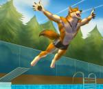 4_toes 5_fingers abs action_pose anthro barefoot biceps biped brown_body brown_fur brown_nose claws clothed clothing cloud contrail day dipstick_tail diving_board eyes_closed feet fence fingers fur jumping ladder male markings multicolored_tail muscular muscular_anthro muscular_male neck_tuft open_mouth open_smile orange_body orange_fur outside pecs plant pose skimpy sky smile solo spread_arms summer swimming_pool swimming_trunks swimwear tail tail_markings tan_body tan_fur teeth toes tongue topless tree tuft marsel-defender canid canine canis mammal wolf 2017 digital_media_(artwork)