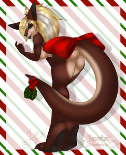 accessory anthro beckoning bent_over bow_(feature) bow_accessory bow_ribbon butt female furgonomics gesture holidays kissing_bough mistletoe plant ribbons solo tail tail_accessory tail_bow tail_ribbon jackalope_(artist) christmas shadowolfox kangaroo macropod mammal marsupial