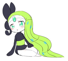 black_body blush blush_lines female forehead_gem gem green_body green_eyes hand_on_leg hand_on_own_leg hand_on_own_thigh hand_on_thigh legs_together pseudo_hair sitting solo white_body yakiniku628 nintendo pokemon generation_5_pokemon humanoid legendary_pokemon meloetta meloetta_(aria_form) pokemon_(species) colored