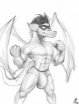 abs anthro biceps big_bulge biped bulge clothed clothing detailed_bulge genital_outline hair male mask membrane_(anatomy) membranous_wings muscular muscular_anthro muscular_male nipples non-mammal_nipples pecs penis_outline solo standing tail topless underwear wings byondrage american_dragon:_jake_long disney european_mythology mythology jake_long dragon mythological_creature mythological_scalie reptile scalie western_dragon hi_res monochrome