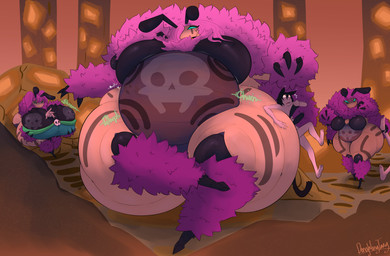 after_vore belly big_belly big_breasts blue_sclera breast_vore breasts female group hair inside male pink_hair sitting thick_thighs vore dongwongtang arthropod bee humanoid hymenopteran insect 2018