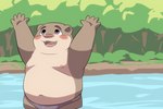 anthro belly blush brown_body clothing detailed_background humanoid_hands kemono male moobs navel nipples outside overweight overweight_male plant river solo swimwear tree water young 00murice mammal mustelid otter 2021