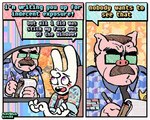 2_panel_comic 4_fingers abstract_background anthro blush blush_stickers bow_tie brown_hair car clothing dialogue duo eyelashes eyewear facial_hair fingers flat_top fur hair inside_car inside_vehicle male mustache notebook overalls pen pink_body pink_skin police police_badge police_officer purple_eyes sunglasses text vehicle white_body white_fur rawdawgcomics rawdawgcomics_(series) bingus_(rawdawgcomics) domestic_pig lagomorph leporid mammal rabbit suid suine sus_(pig) 2025 5:4 comic digital_media_(artwork) english_text