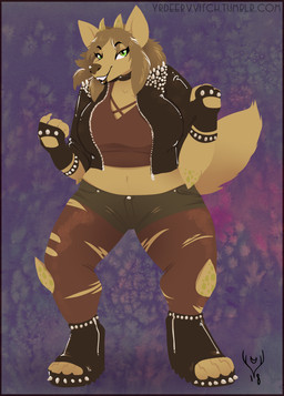 anthro biped bottomwear breasts brown_hair brown_nose clothed clothing female fingerless_gloves fully_clothed gloves green_eyes hair handwear horn navel shorts simple_background solo spikes standing torn_clothing deervvitch canid canine canis domestic_dog mammal 2018 character_request