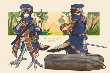 ambiguous_gender anthro armor clothing coffin hat headgear headwear iron_post_(roawayart) looking_at_viewer needle_and_thread open_mouth scarf solo standing roawayart jang_(roawayart) avian hi_res
