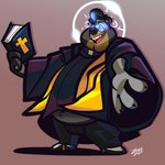 anthro book clothing eyewear glasses glowing glowing_eyes halo hand_out male overweight overweight_anthro overweight_male priest robe solo joveehusky steve_jovonovich bear black_bear mammal ursine 1:1 absurd_res hi_res