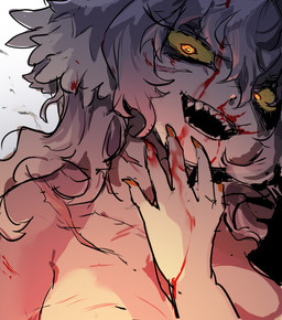 big_breasts blood bodily_fluids breasts claws clothed clothing female glowing glowing_eyes grey_hair hair light_body light_skin long_hair messy_hair nude orange_eyes scar scars_all_over scars_on_chest sharp_teeth solo teeth topless topless_female yellow_sclera cyany animal_humanoid avian avian_humanoid bird horned_owl humanoid owl true_owl hi_res