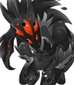 abs anthro anthrofied black_body casual_nudity claws featureless_crotch high-angle_view kneeling looking_at_viewer male multi_eye muscular muscular_anthro muscular_male nude red_eyes simple_background solo white_background fropopipo creatures_of_sonaria roblox jerry_(creatures_of_sonaria) alien unknown_species hi_res
