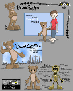 anthro barefoot beady_eyes blue_bottomwear blue_clothing blue_pants bottomwear brown_body brown_fur brown_hair closed_smile clothing duo featureless_crotch feet front_view fur gesture grey_clothing grey_shirt grey_topwear hair hand_gesture hand_holding male mouth_closed nude open_mouth open_smile pale_skin pants red_clothing red_shirt red_topwear shirt short_hair smile standing text thumbs_up topwear walking young young_anthro young_human young_male pandapaco bear human mammal robot_anthro english_text