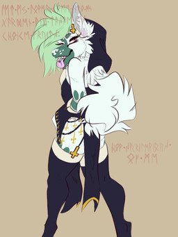 accessory anthro bedroom_eyes big_butt butt clothed clothing cross curled_tail ear_piercing eyebrows facial_hair fluffy fluffy_tail fur gauged_ear goatee gold_(metal) gold_jewelry green_markings hair half-closed_eyes inverted_cross jewelry legwear looking_at_viewer looking_back male markings muscular muscular_male narrowed_eyes nun nun_outfit open_mouth piercing pink_eyes presenting presenting_hindquarters runes seductive sharp_teeth simple_background smile solo standing tail teeth text thick_thighs thigh_highs tongue tongue_out tongue_piercing topwear tuft underwear white_body white_fur monsters_and_mutants pj_(monsters_and_mutants) canid canine canis domestic_dog husky mammal nordic_sled_dog spitz digital_media_(artwork)