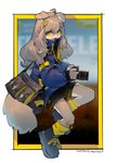2021 abstract_background accessory anthro band-aid bandage boots border bottomwear brown_body brown_fur brown_hair camera canid canine canis clothed clothing cover_art domestic_dog duffel_bag female female_anthro floppy_ears footwear fur hair hair_accessory hairclip hi_res holding_camera holding_object jacket kemono looking_at_viewer mammal national_geographic shiiorina shorts signature sitting smile socks solo topwear white_border yellow_border yellow_eyes