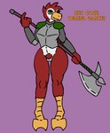 anthro armor beckoning bottomless butt clothed clothing dancing dialogue female genitals gesture halberd knight looking_at_viewer melee_weapon one_eye_closed plate_armor polearm pussy shaking_hips solo text warrior weapon wink winking_at_viewer kakroon avian bird animated loop